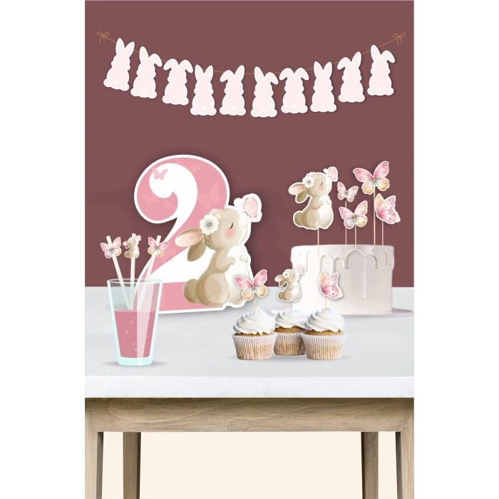 Kelebekli Tavşan Teması 2 Yaş Doğum Günü Seti