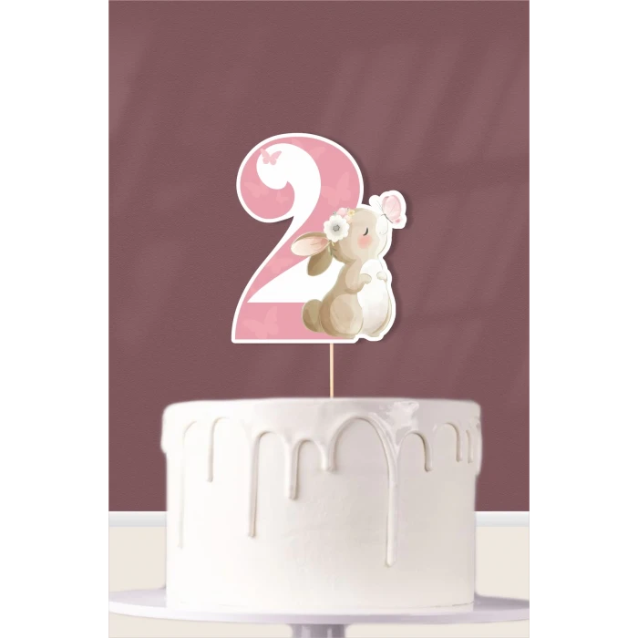 Kelebekli Tavşan Teması 2 Yaşında (iki) Pasta Süsü *Kalın Kağıt