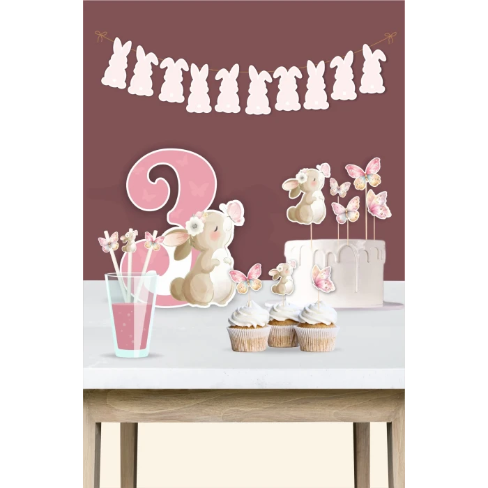 Kelebekli Tavşan Teması 3 Yaş Doğum Günü Seti