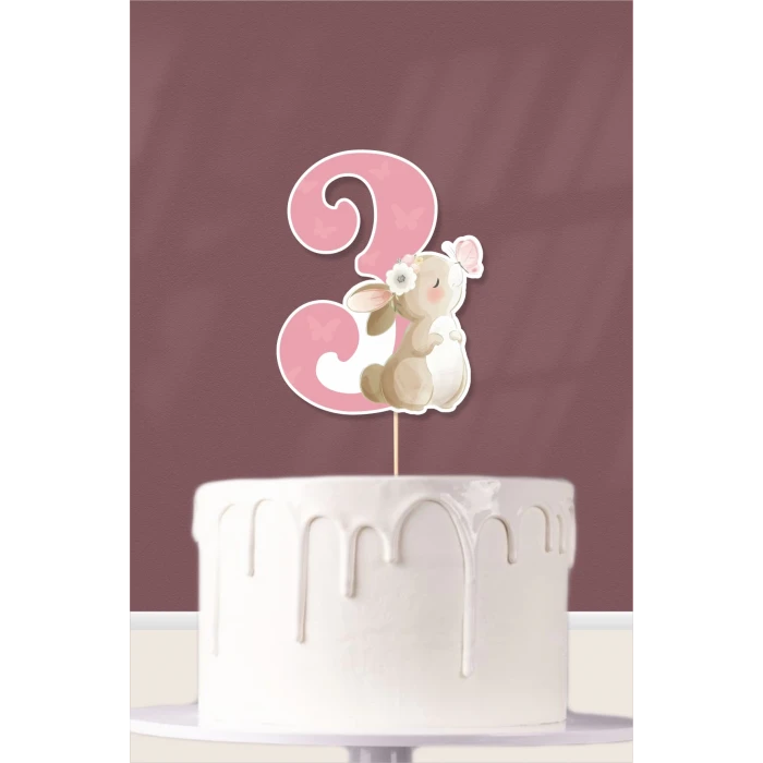 Kelebekli Tavşan Teması 3 Yaşında (üç) Pasta Süsü *Kalın Kağıt