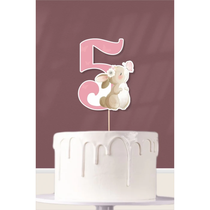 Kelebekli Tavşan Teması 5 Yaşında (beş) Pasta Süsü *Kalın Kağıt