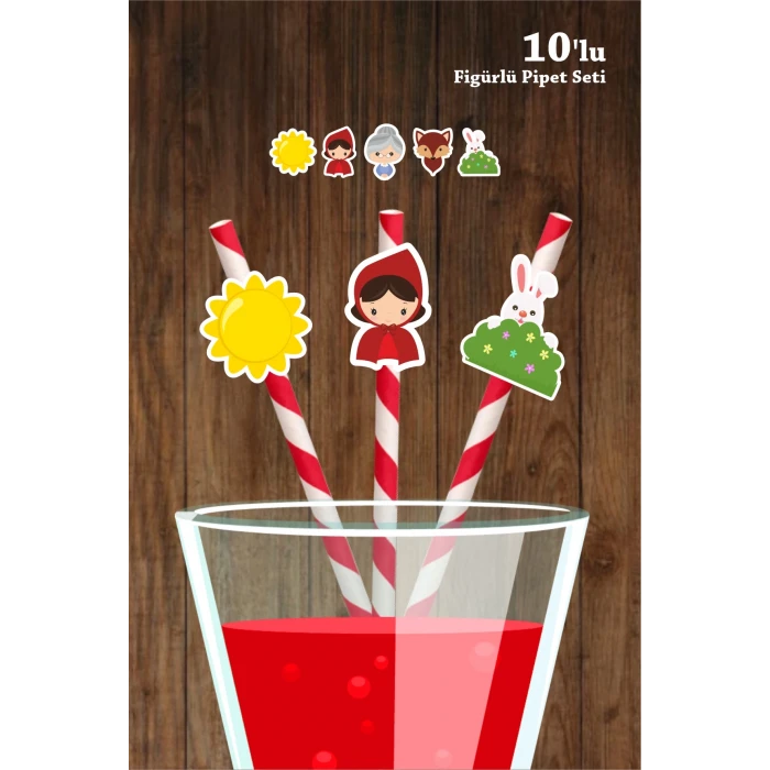 Kırmızı Başlıklı Kız Temalı 10lu Figürlü Pipet Seti