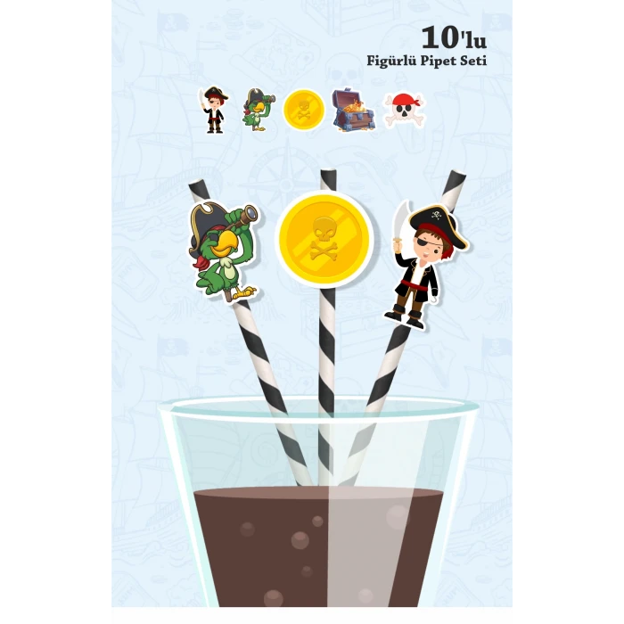 Korsan Temalı 10lu Figürlü Pipet Seti