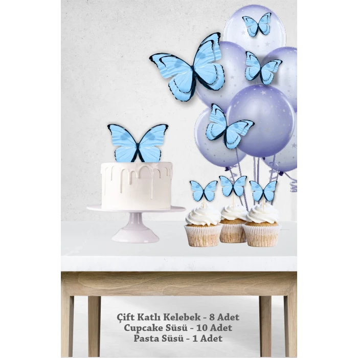 Mavi Kelebekli 3 Boyutlu Parti Seti Malzemeleri