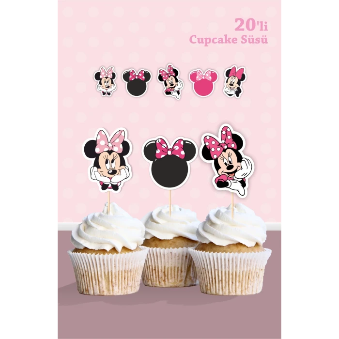 Minnie Mouse Pink Temalı Cupcake Süsü 20li
