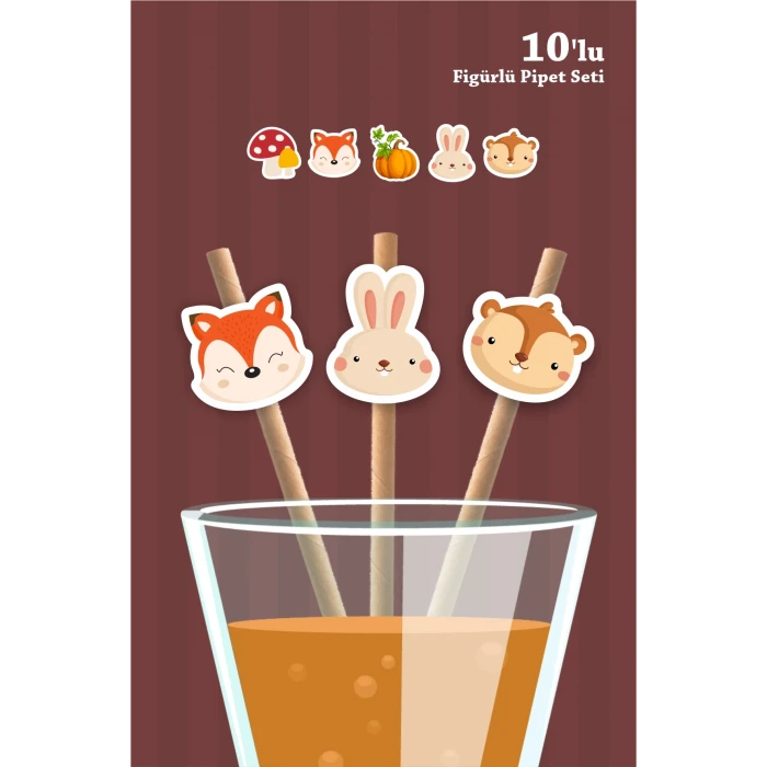 Orman Hayvanları Temalı 10lu Figürlü Pipet Seti