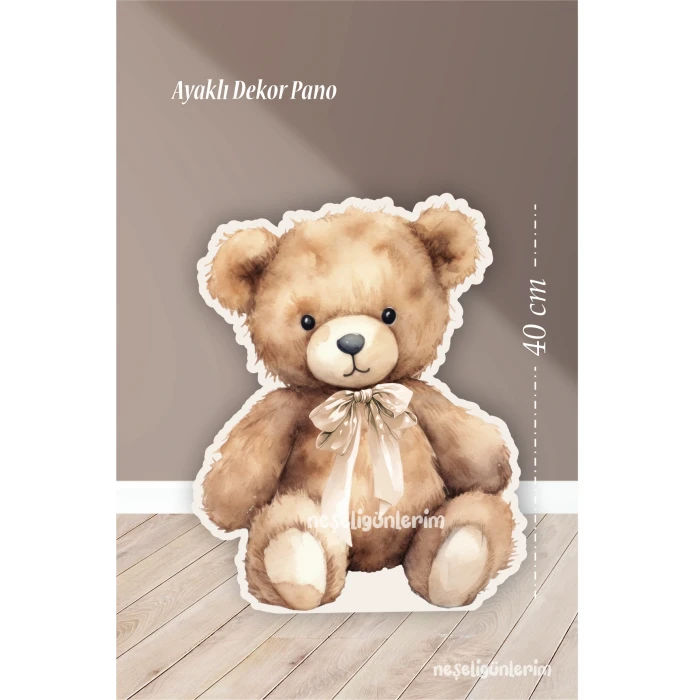 Oturan Sevimli Kahverengi Ayıcık Tekli Ayaklı Pano 40 cm | Krem | Kahverengi