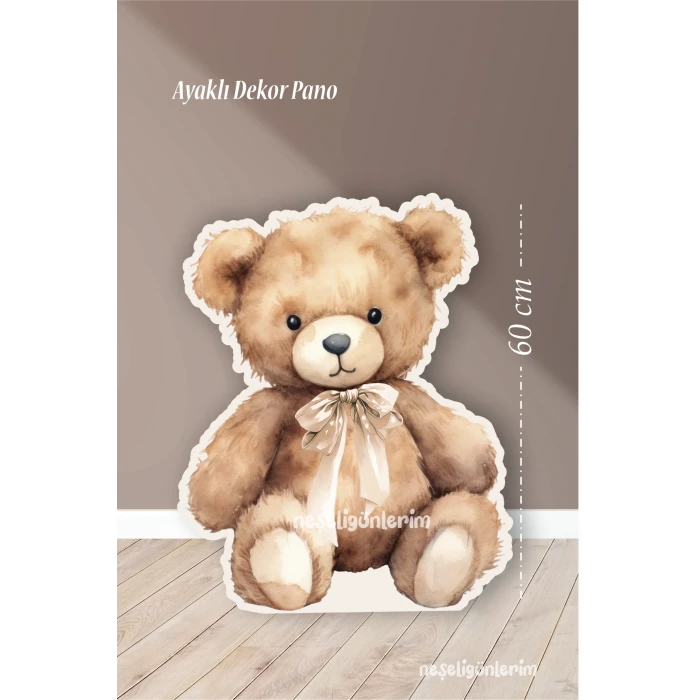 Oturan Sevimli Kahverengi Ayıcık Tekli Ayaklı Pano 60 cm | Krem | Kahverengi