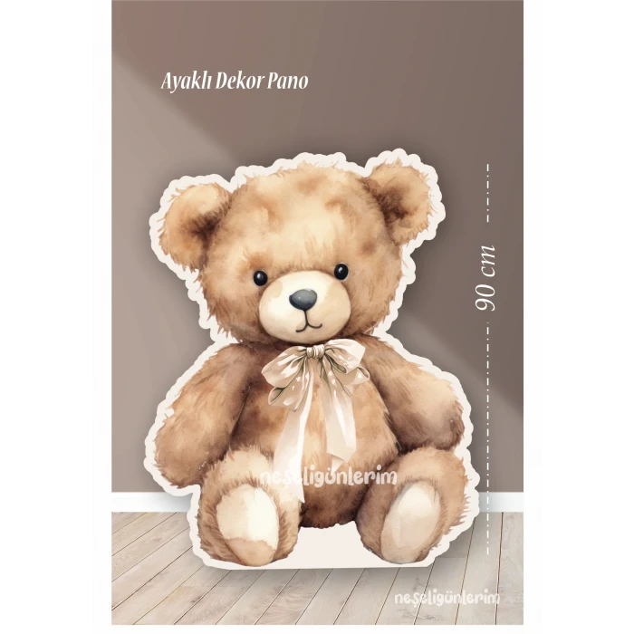 Oturan Sevimli Kahverengi Ayıcık Tekli Ayaklı Pano 90 cm | Krem | Kahverengi