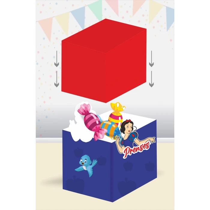 Pamuk Prenses Teması Kutu - Mini Hediyelik ( Şeker, Sakız, Draje, Mini Oyuncak ) 5x5x5 cm *8li Paket