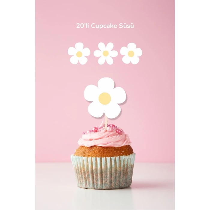 Papatya Temalı Doğum Günü Kürdanlı Cupcake Süsü 20li