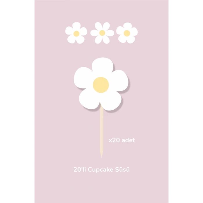 Papatya Temalı Doğum Günü Kürdanlı Cupcake Süsü 20li