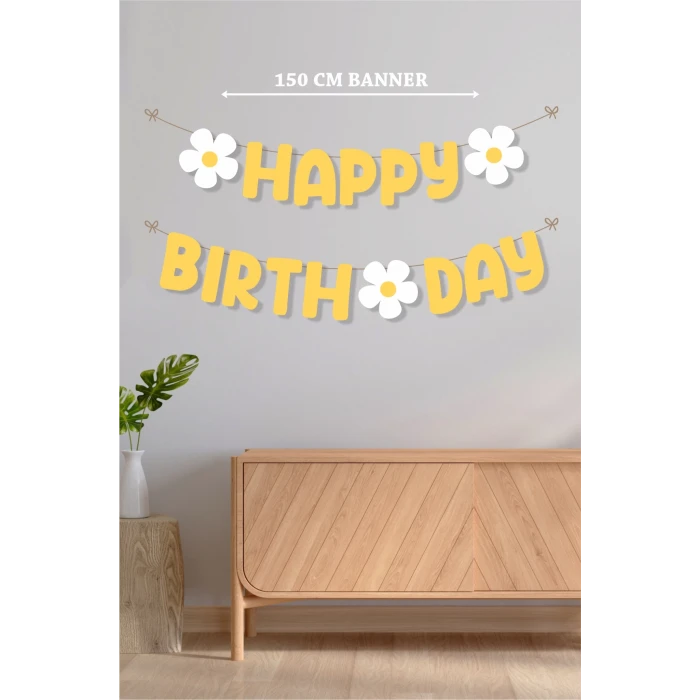 Papatya Temalı Happy Birthday Büyük Banner *Kalın Kağıt 150 cm