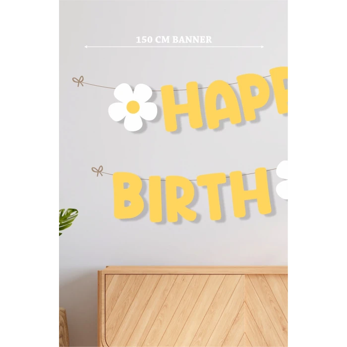 Papatya Temalı Happy Birthday Büyük Banner *Kalın Kağıt 150 cm