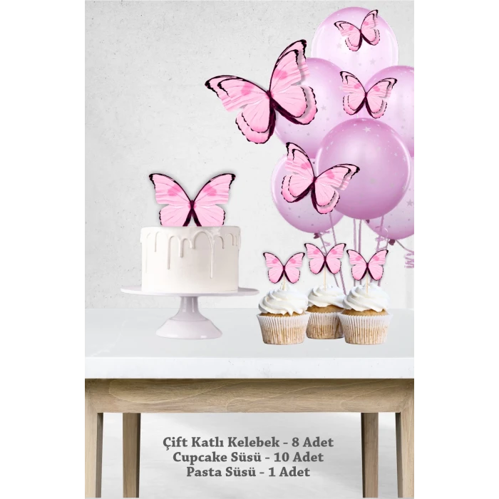 Pembe Kelebekli 3 Boyutlu Parti Seti Malzemeleri