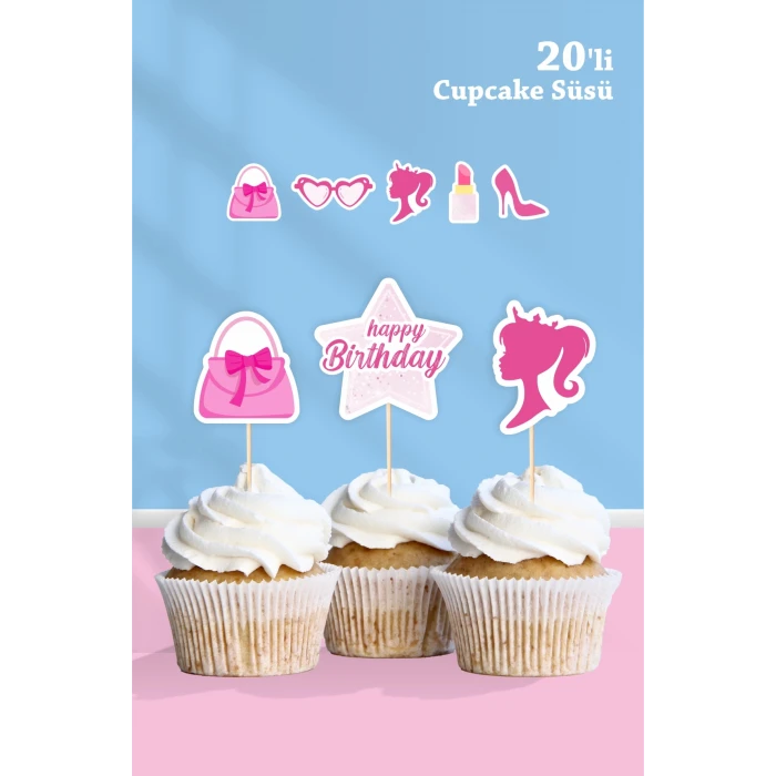 Pembe Kız Temalı Cupcake Süsü 20li