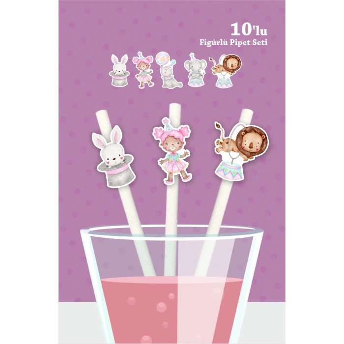 Pembe Sirk Temalı Doğum Günü 10lu Figürlü Pipet Seti