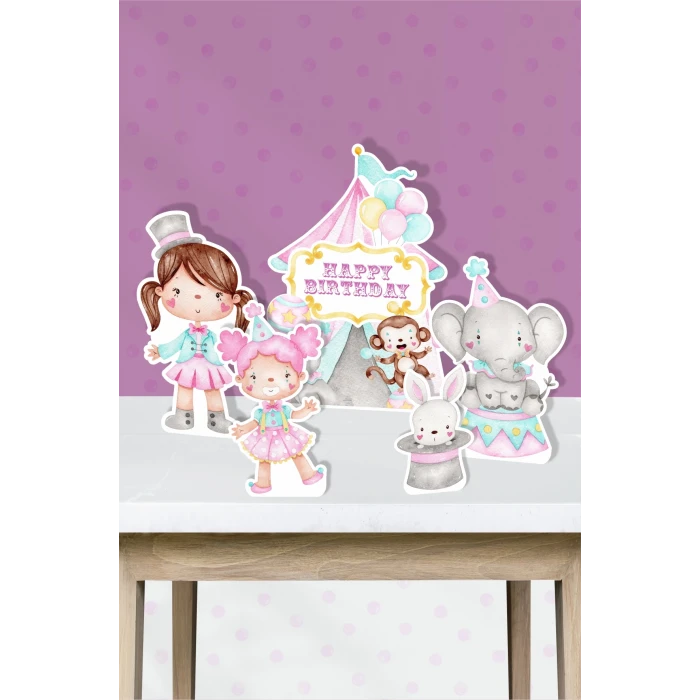 Pembe Sirk Temalı Doğum Günü Ayaklı Pano (Masa Üstü) *Kalın Kağıt