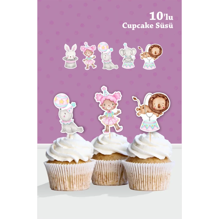 Pembe Sirk Temalı Doğum Günü Kürdanlı Cupcake Süsü 20li