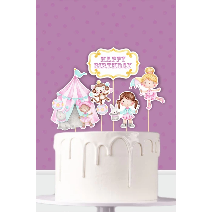Pembe Sirk Temalı Doğum Günü Kürdanlı Pasta Süsü
