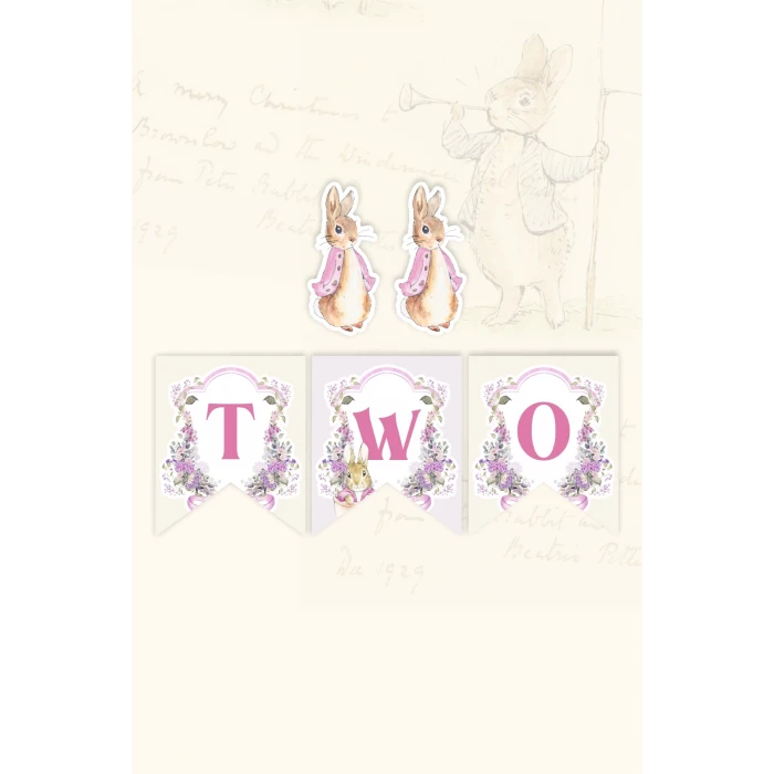 Pink Rabbit Pembe Tavşan Temalı TWO Banner (Kalın Kağıt) Doğum Günü