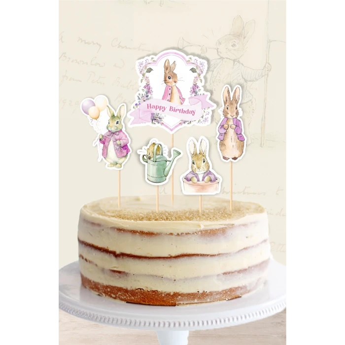 Pink Rabbit Pembe Tavşan Temalı Pasta Süsü Seti