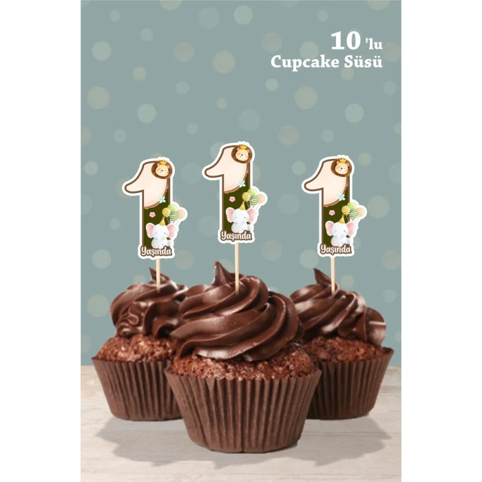 Safari Party Temalı 1 Yaşında Cupcake Süsü 10lu