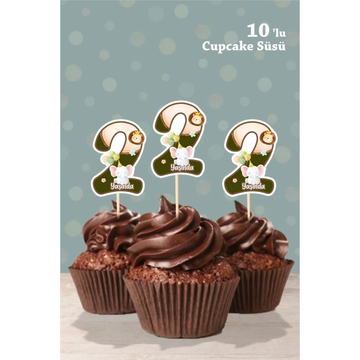 Safari Party Temalı 2 Yaşında Cupcake Süsü 10lu