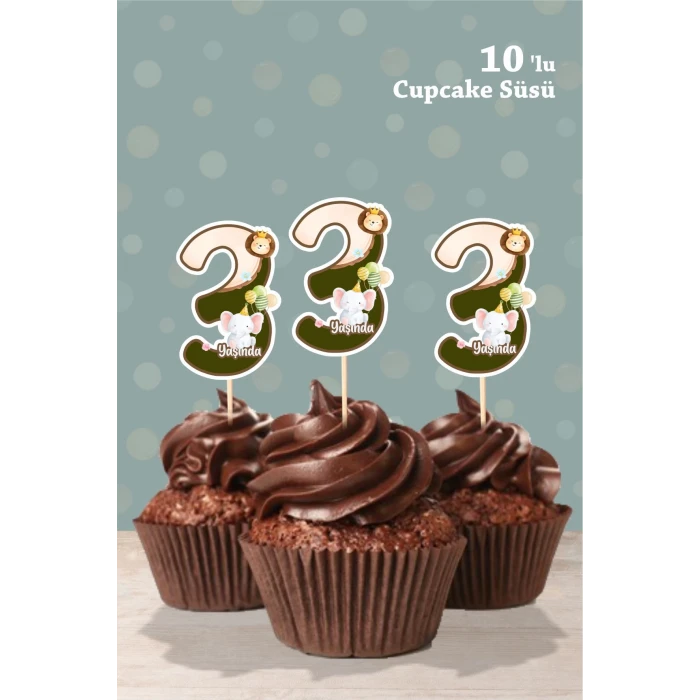 Safari Party Temalı 3 Yaşında Cupcake Süsü 10lu
