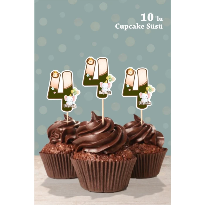 Safari Party Temalı 4 Yaşında Cupcake Süsü 10lu