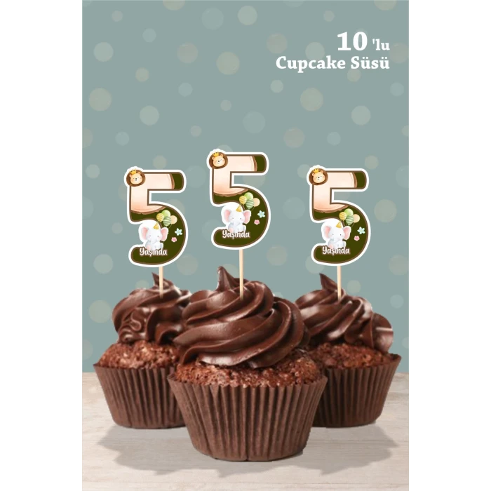 Safari Party Temalı 5 Yaşında Cupcake Süsü 10lu