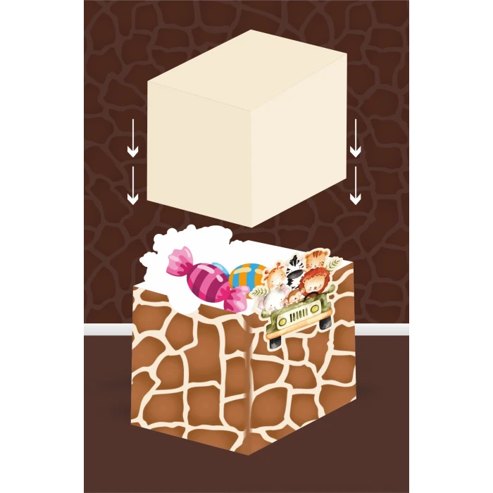 Safari Pastel Teması Kutu - Mini Hediyelik ( Şeker, Sakız, Draje, Mini Oyuncak ) 5x5x5 cm *8li Paket