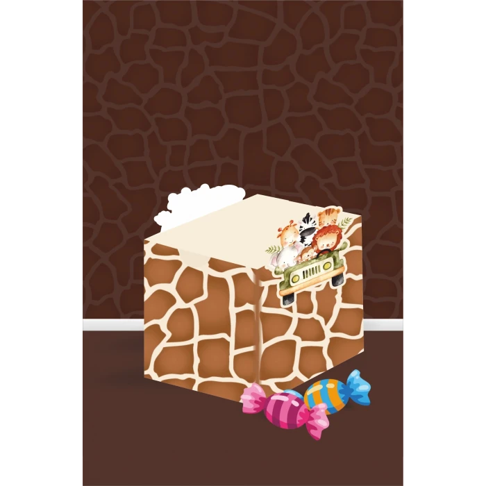 Safari Pastel Teması Kutu - Mini Hediyelik ( Şeker, Sakız, Draje, Mini Oyuncak ) 5x5x5 cm *8li Paket