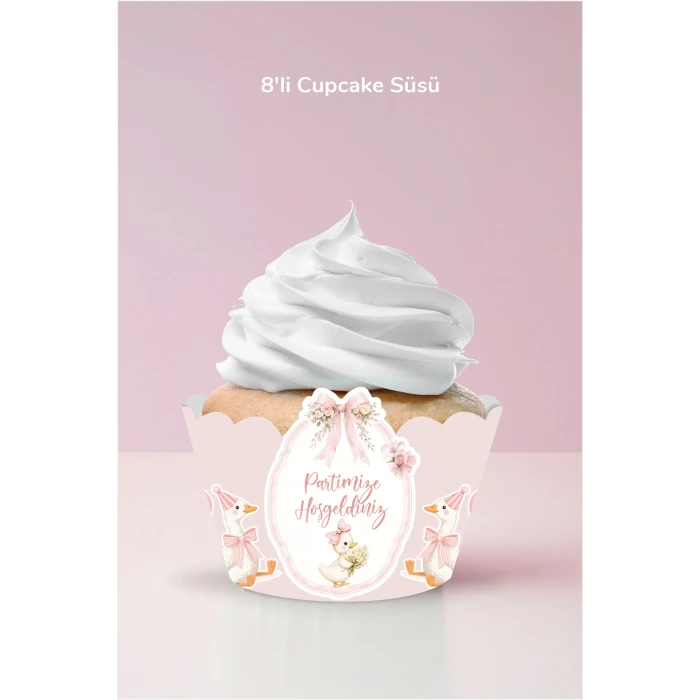 Sevimli Pembe Ördekler Temalı Cupcake Sargısı 8li