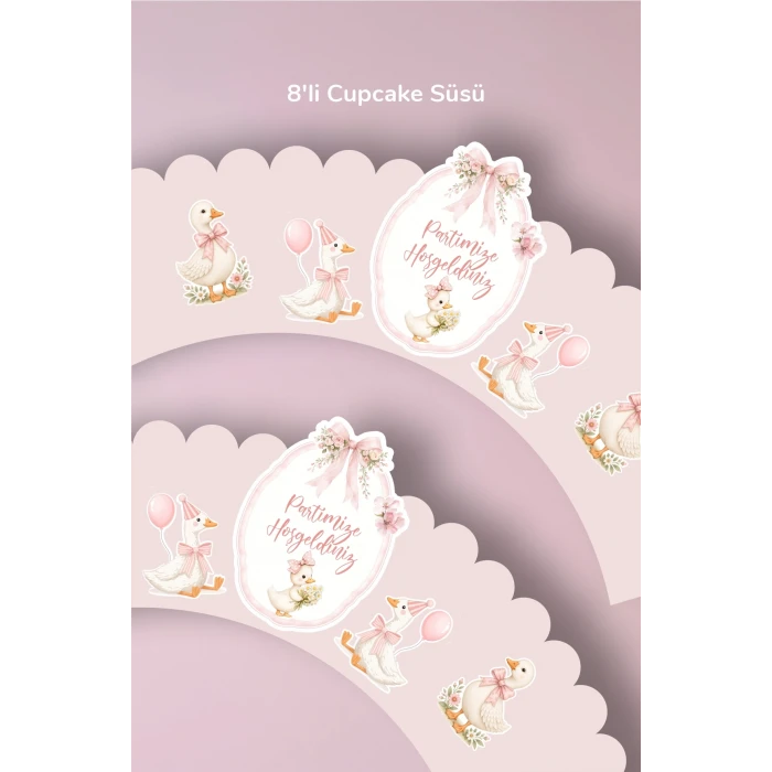 Sevimli Pembe Ördekler Temalı Cupcake Sargısı 8li
