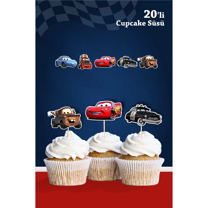 Şimşek Mcqueen Cars Temalı Doğum Günü Kürdanlı Cupcake Süsü 20li