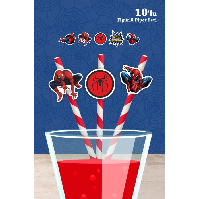 Spiderman Örümcek Adam Temalı Doğum Günü 10lu Figürlü Pipet Seti