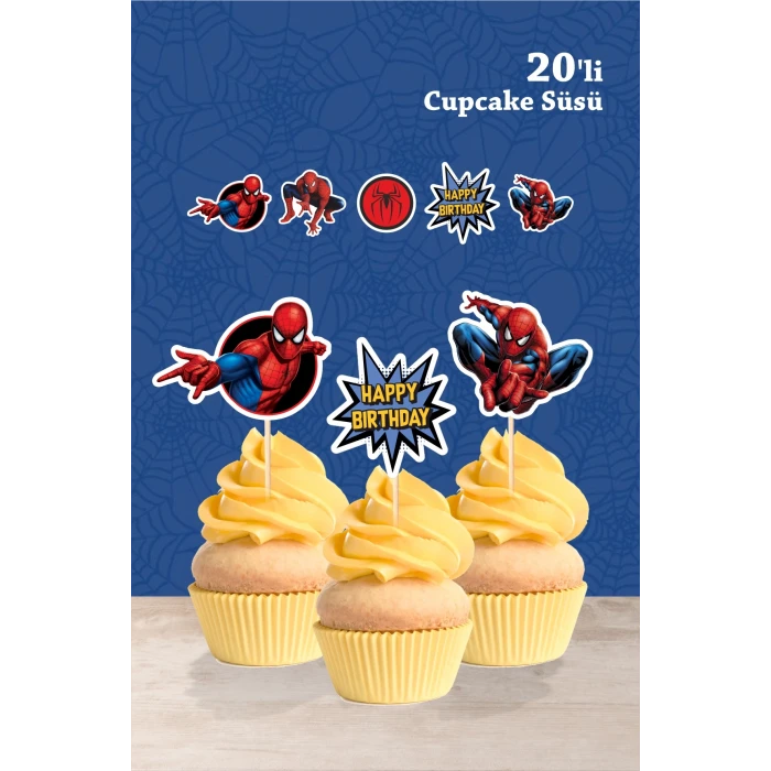 Spiderman Örümcek Adam Temalı Doğum Günü Kürdanlı Cupcake Süsü 20li