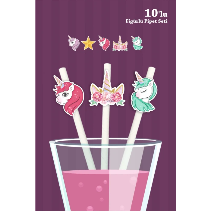 Unicorn Temalı 10lu Figürlü Pipet Seti