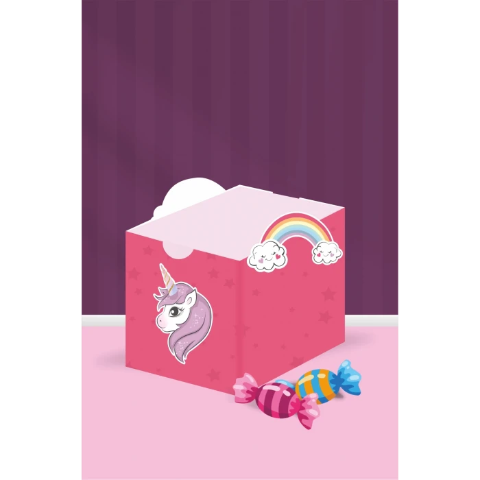 Unicorn Teması Kutu - Mini Hediyelik ( Şeker, Sakız, Draje, Mini Oyuncak ) 5x5x5 cm *8li Paket