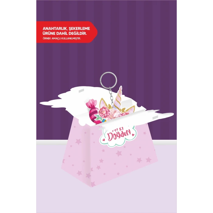 Unicorn Teması Piramit Kutu - Mini Hediyelik ( Anahtarlık, Mini Oyuncak, Şeker) 13x7x5cm *8li Paket