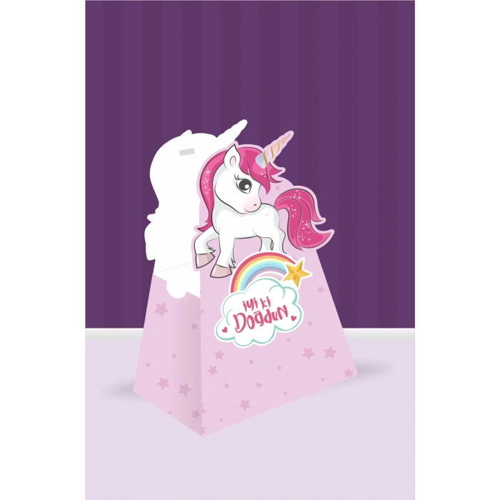 Unicorn Teması Piramit Kutu - Mini Hediyelik ( Anahtarlık, Mini Oyuncak, Şeker) 13x7x5cm *8li Paket