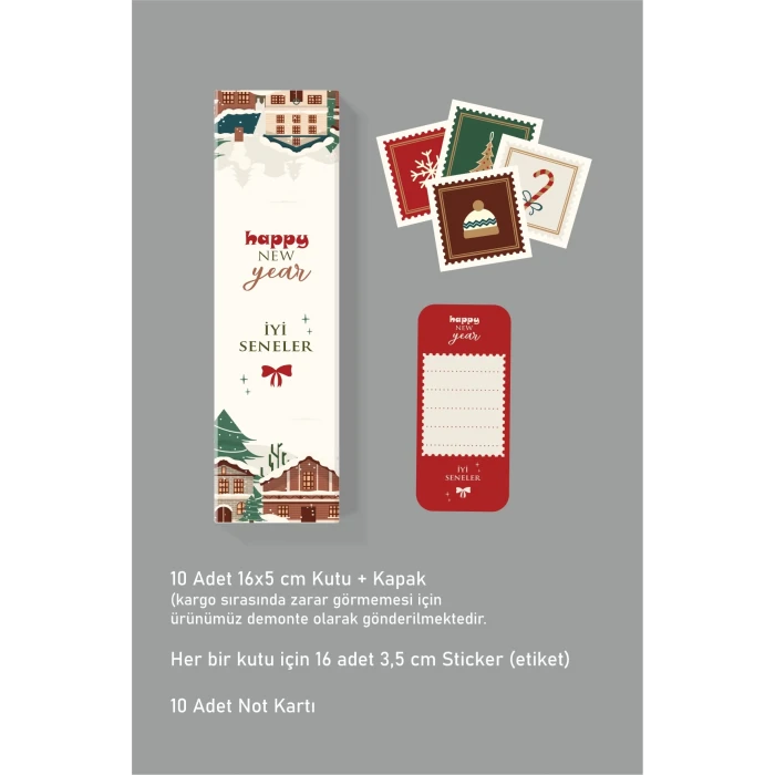 Yeniyıl Temalı Kutu + Etiket Set + Not Kartı 17x5x4,5cm *10lu Paket