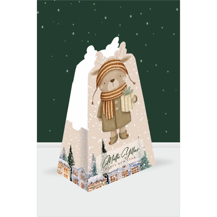 Yeniyıl Teması Geyikli Piramit Kutu - Mini Hediyelik ( Anahtarlık, Mini Oyuncak, Şeker) 13x7x5cm *8li Paket