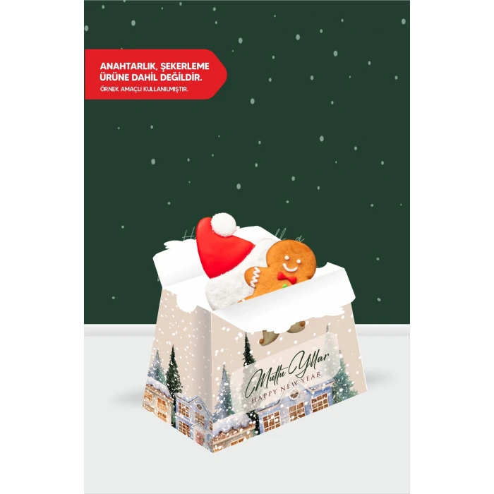 Yeniyıl Teması Geyikli Piramit Kutu - Mini Hediyelik ( Anahtarlık, Mini Oyuncak, Şeker) 13x7x5cm *8li Paket