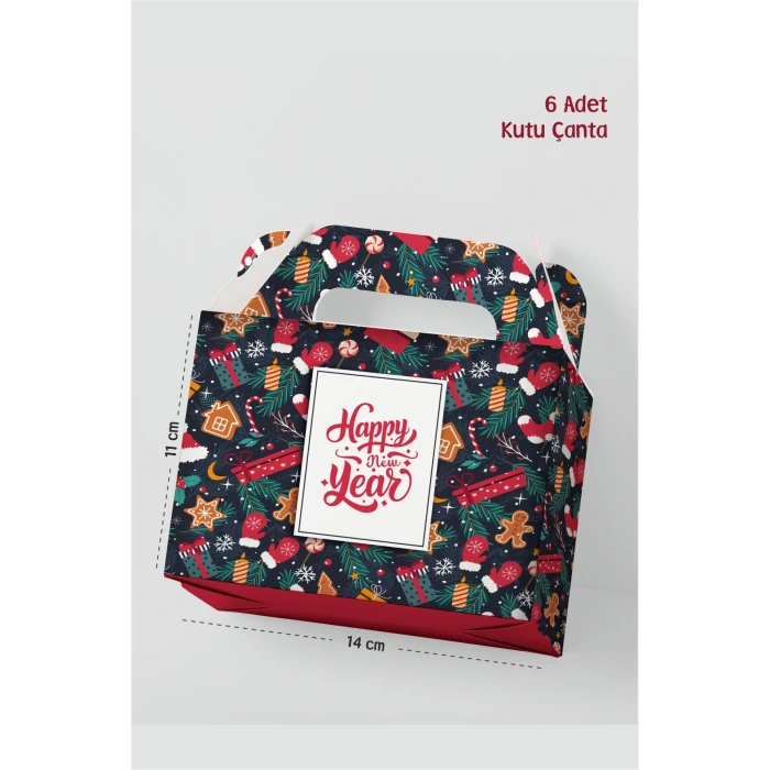 Yılbaşı Çanta Kutu Lacivert Zeminli Desenli Kutu Çanta Postacı 14x17 cm *6lı Paket