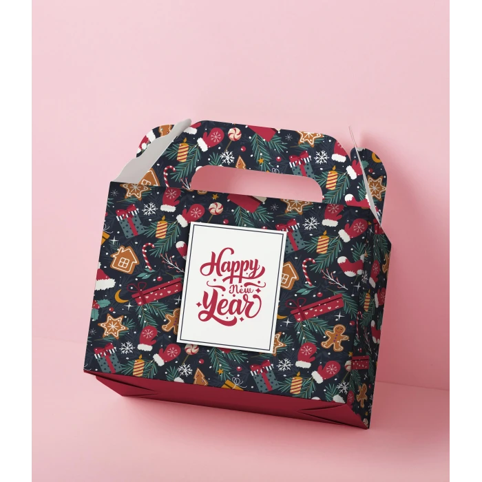 Yılbaşı Çanta Kutu Lacivert Zeminli Desenli Kutu Çanta Postacı 14x17 cm *6lı Paket