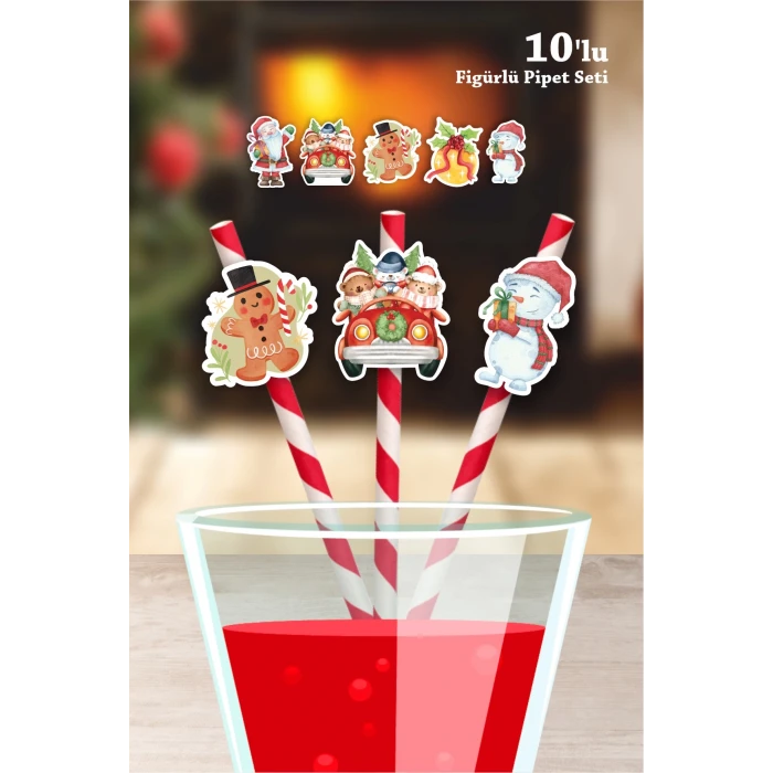 Yılbaşı Temalı 10lu Figürlü Pipet Seti