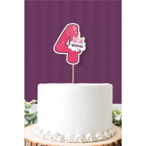 Unicorn Temalı 4 Yaşında (dört) Pasta Süsü *Kalın Kağıt