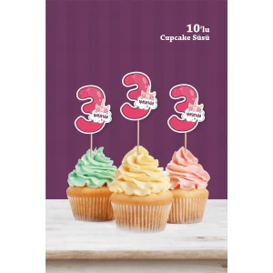 Unicorn Temalı * 3 (üç) Yaşında Cupcake Süsü 10lu